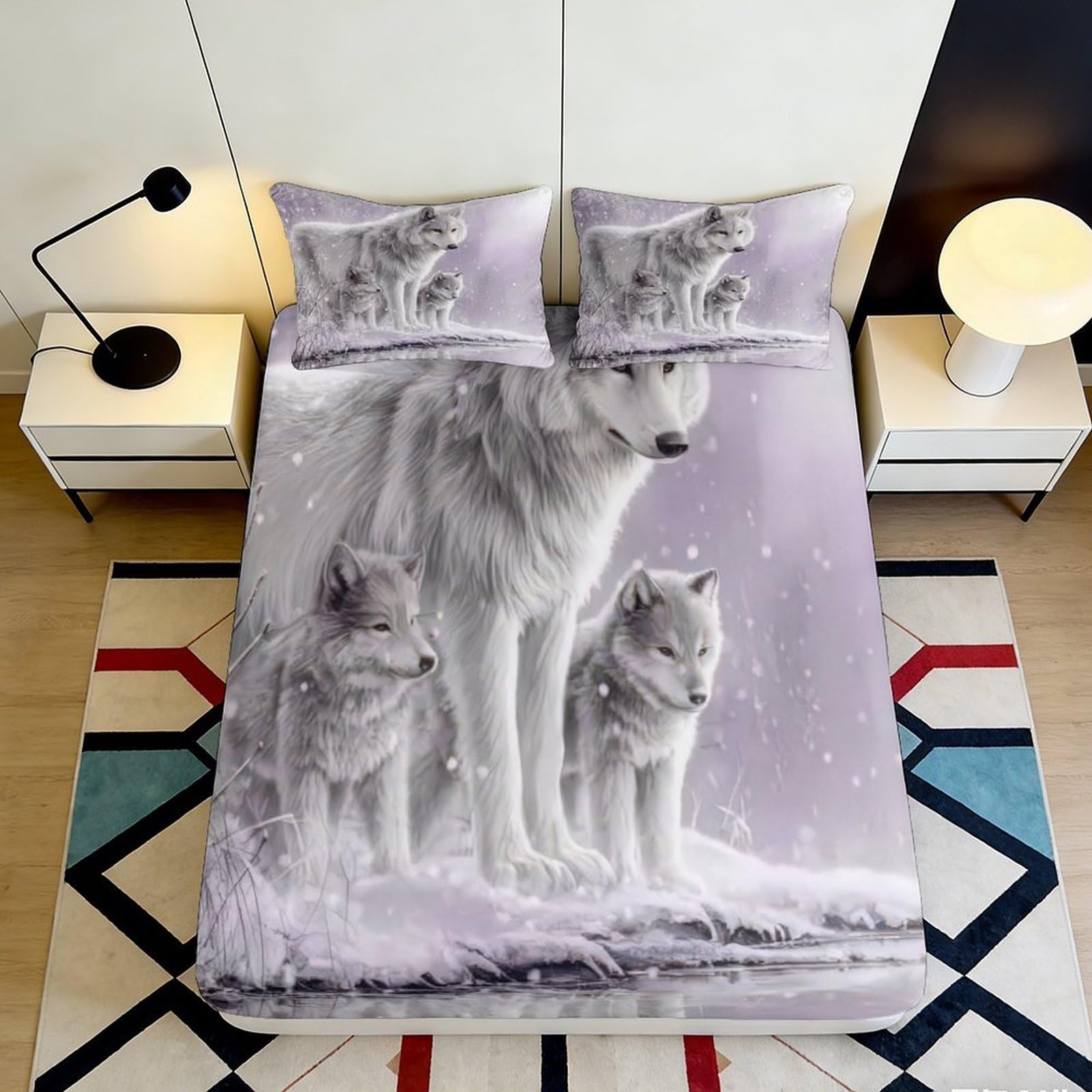 3D Printed Wolf Family Fitted Sheet Microfiber Soft Anti-Slip Snow Forest Bed Cover Bedroom Dorm Mattress Protection Decor 90x200x25cm