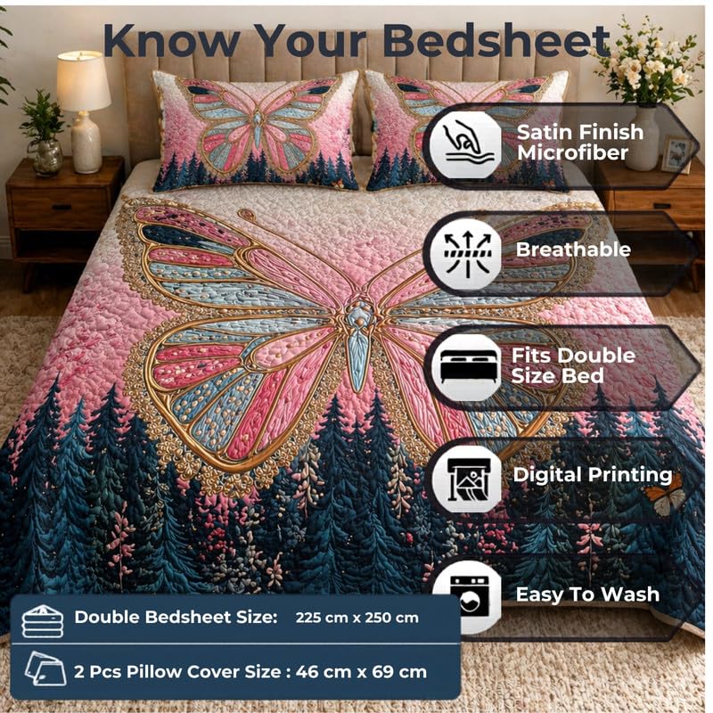 Image of Akshya Double Bedsheet King Size (90x100 Inch) with 2 Pillow Covers | 300 TC Microfiber Soft Bedsheet | Pink Butterfly Floral Printed Bedsheet for Double Bed