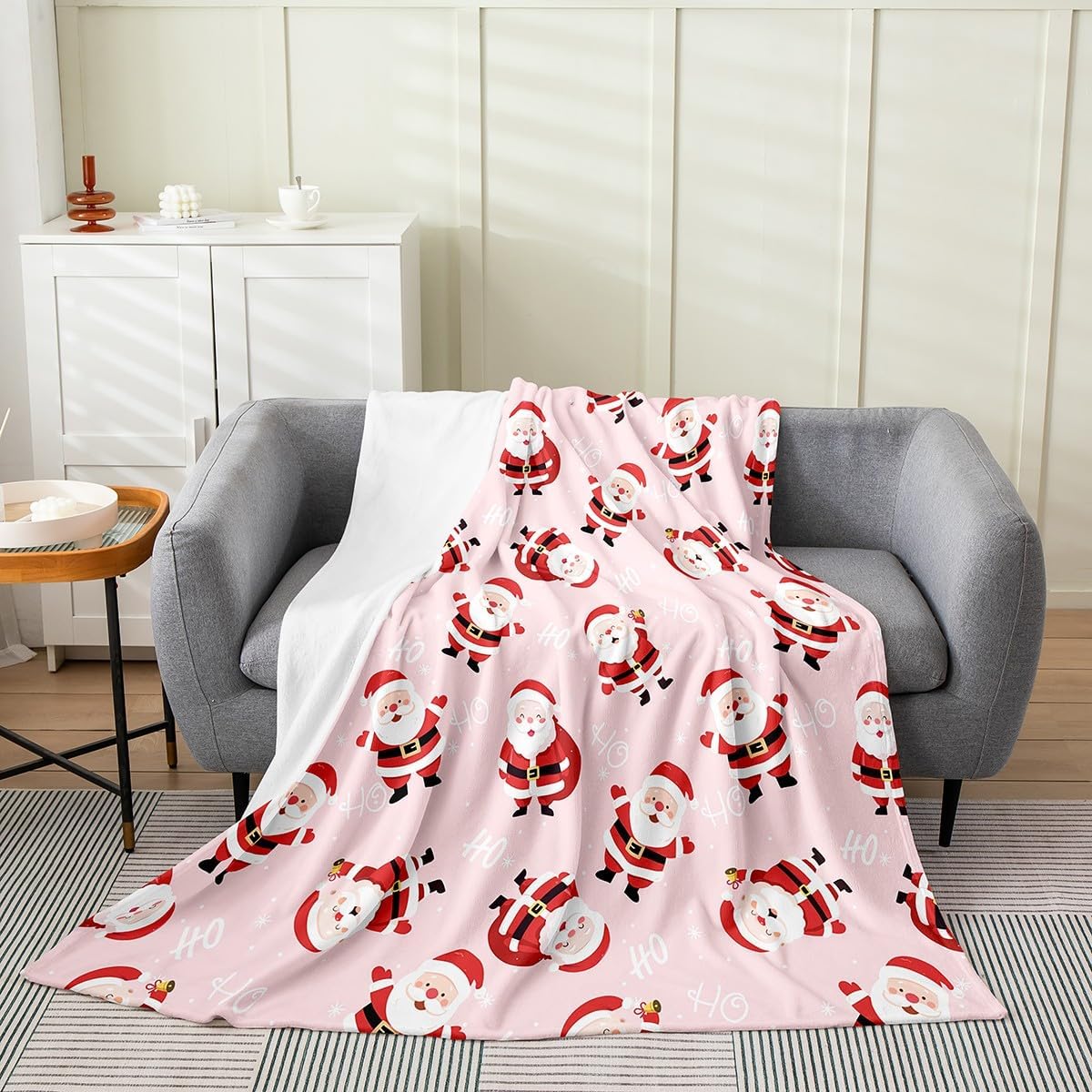 Feelyou Christmas Plush Throw Blanket, Cartoon Santa Claus Flannel Fleece Blanket for Sofa Couch Kids Kawaii Xmas Theme All Season,Bed Blanket Pink New Year Breathable Room Decor Twin 60"x80"
