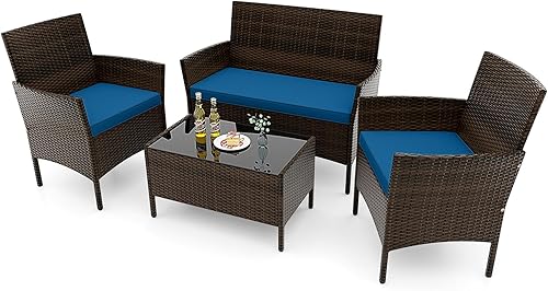 Miniatura 23 de RELAX4LIFE Juego de muebles de patio de 4 piezas – Juego de muebles de ratán para conversación al aire libre con cojines, mesa de centro de cristal