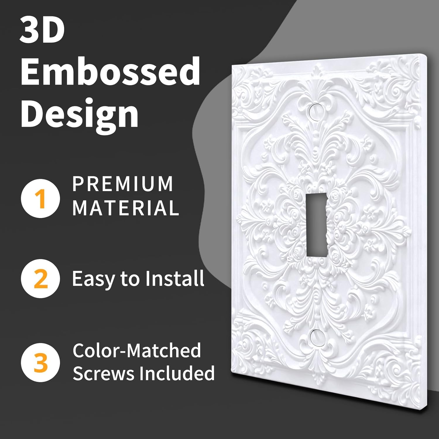 Decorative Light Switch Plate Covers 3D White Embossed Texture with Floral 1 Gang Light Switch Cover Plate Vintage Elegant Single Toggle Wall Plate Outlet Covers Faceplate for Bedroom Home