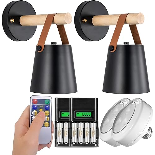 GLING 2-Pack Nordic Style Wall Lamp,Led Remote Control Battery Operated Indoor Wireless Black Wall Sconce Light Fixture for Bedroom Loft Aisle Restaurant (Color : Black)