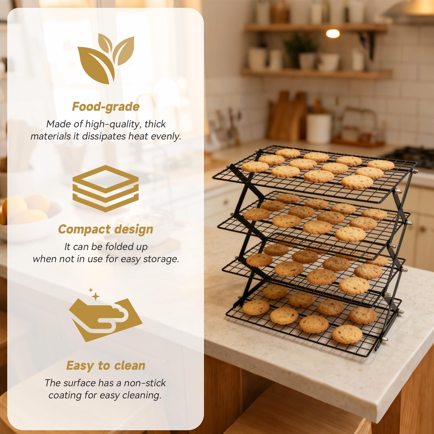 4 Tier Collapsible Cooling Rack for Baking, Multi-Purpose Serving Tray, Stackable Roasting Cooking Drying Wire Cooling Rack for Cooking and Baking