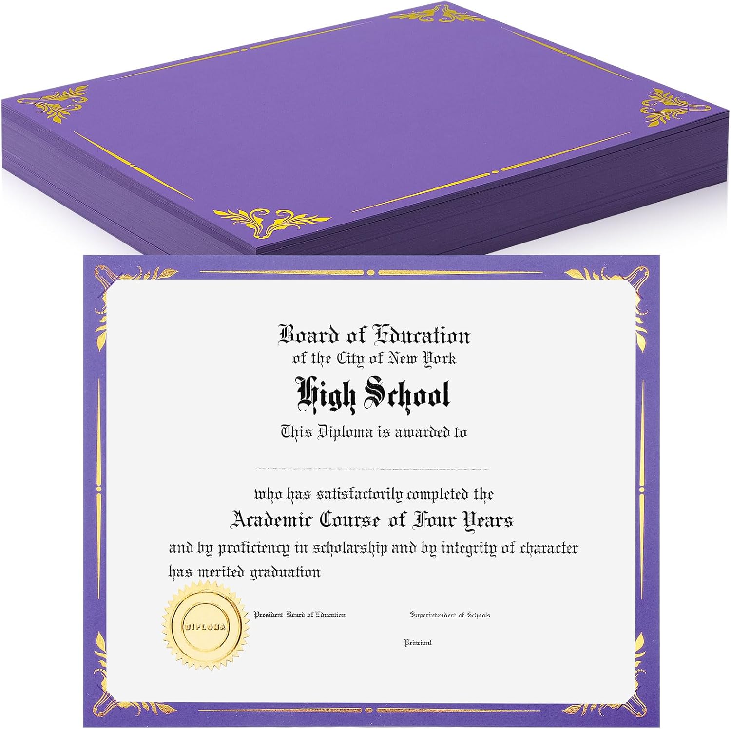 Fainne 50 Pcs Single Sided Certificate Holder Diploma Covers with Foil Border for 8.5 x 11 Inches Certificates Cardstock Document Papers Award Competition Supplies(Purple, Gold)