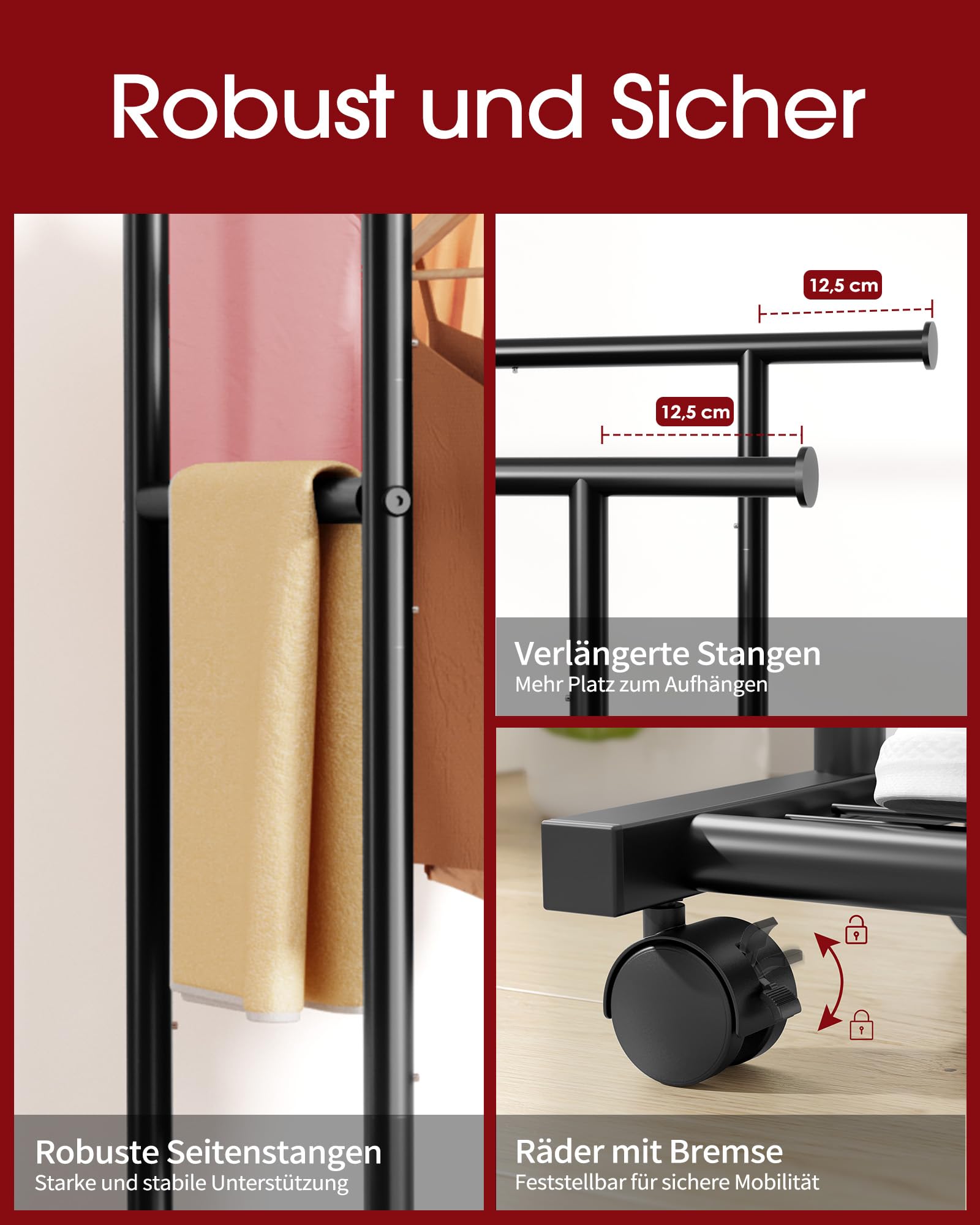 Sakugi kleiderständer auf rollen - Doppel-Kleiderstange mit eingebautem Netzboden, Robuster Garderobenständer für Schlafzimmer, Waschküche, Kleidergeschäft, 98 x 42 x 150 cm, Schwarz