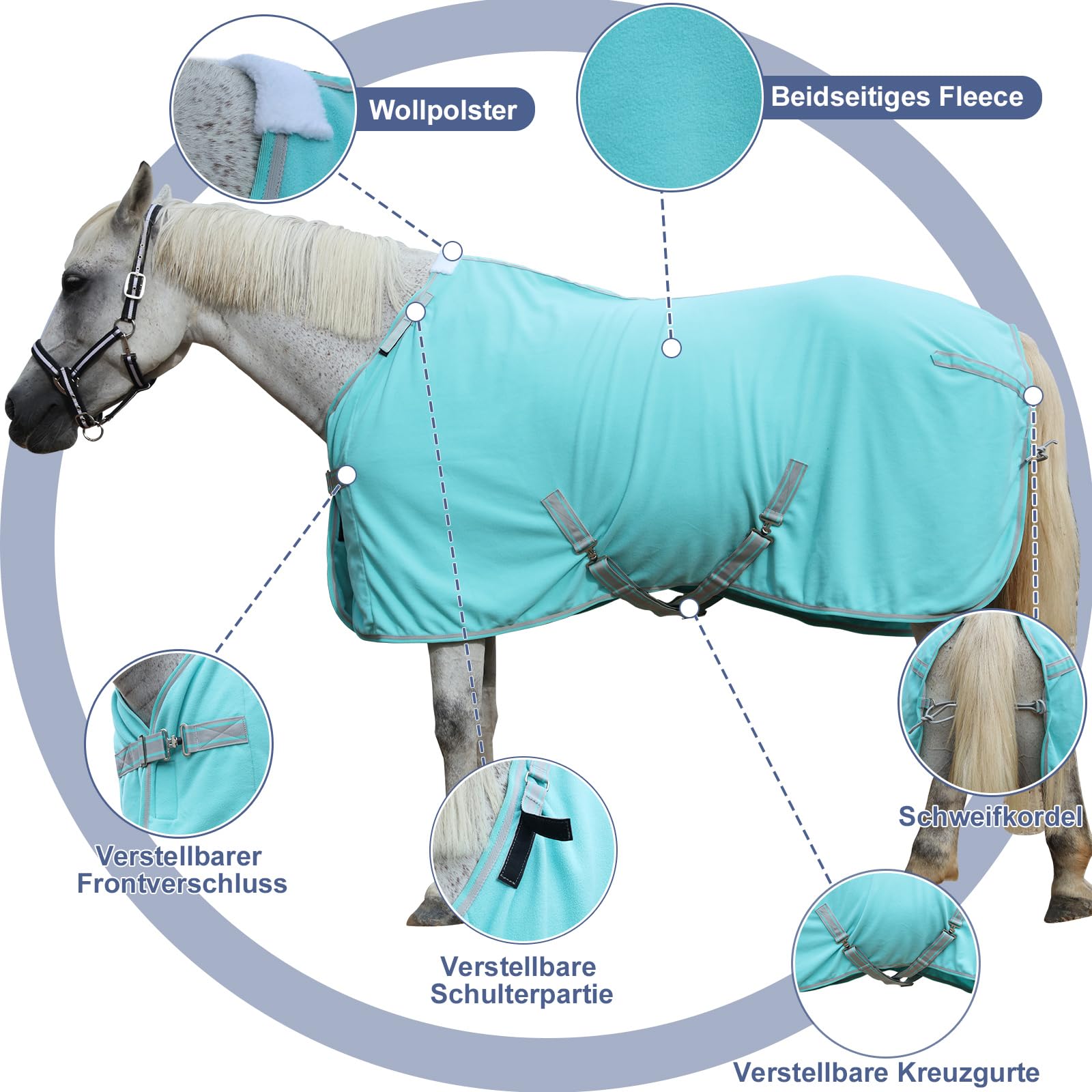 Abschwitzdecke Pferd mit Kreuzbegurtung & Schweifriemen – 300 g/m² Fleece mit Widerristpolster – Schweißabsorbierend & Schnelltrocknend – Pferdedecke für Training, Stall & Transport