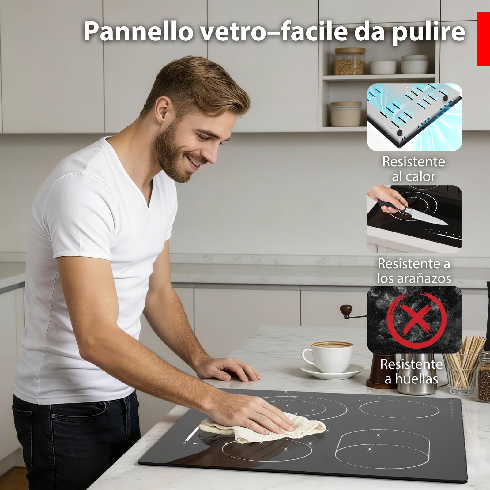 Piano Cottura in Vetroceramica 4 Zone 60 cm, 6700W, Controllo Slider Touch, Doppia Zona e Zona Pesce