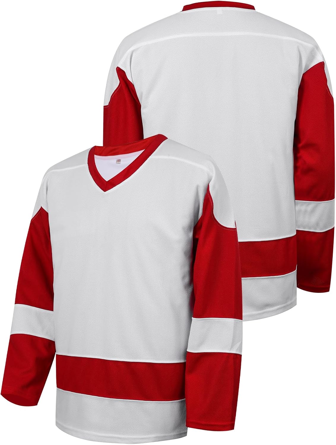 Mens Blank Ice Hockey Jersey Long-Sleeved Practice Hockey Jersey(White-red-S)
