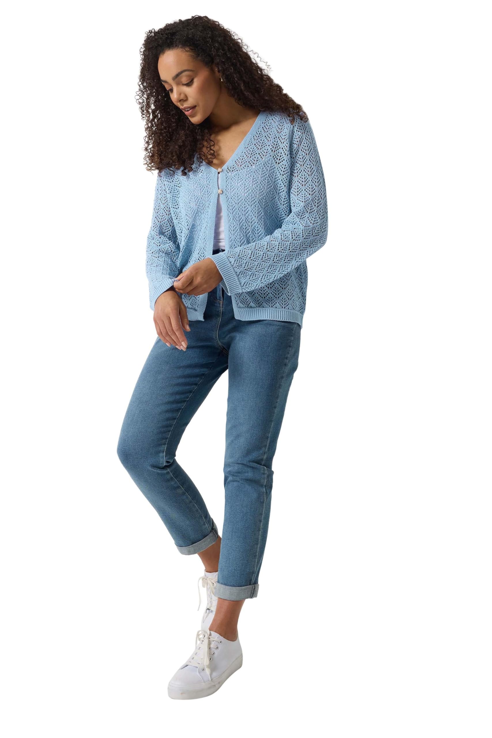 M&Co Women's Pointelle Detail Cardigan Sweater in Light Blue | Size: 14-16