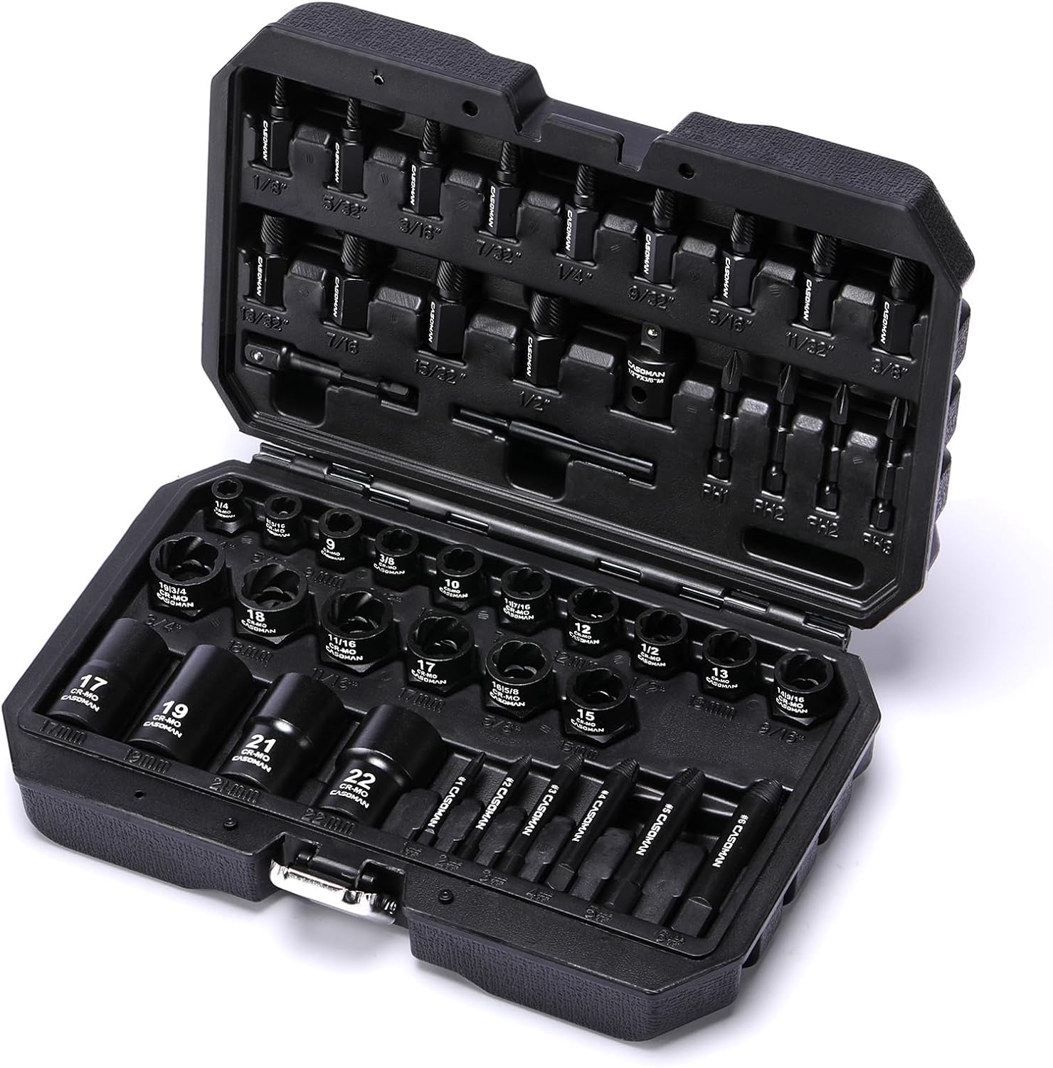 CASOMAN 3/8" Drive Bolt & Nut Extractor Set, Heavy Duty Screw Extractor Kit with Adapter and Pin for Removing Damaged Rusted Broken Rounded Fasteners off with a Storage Case, CR-MO