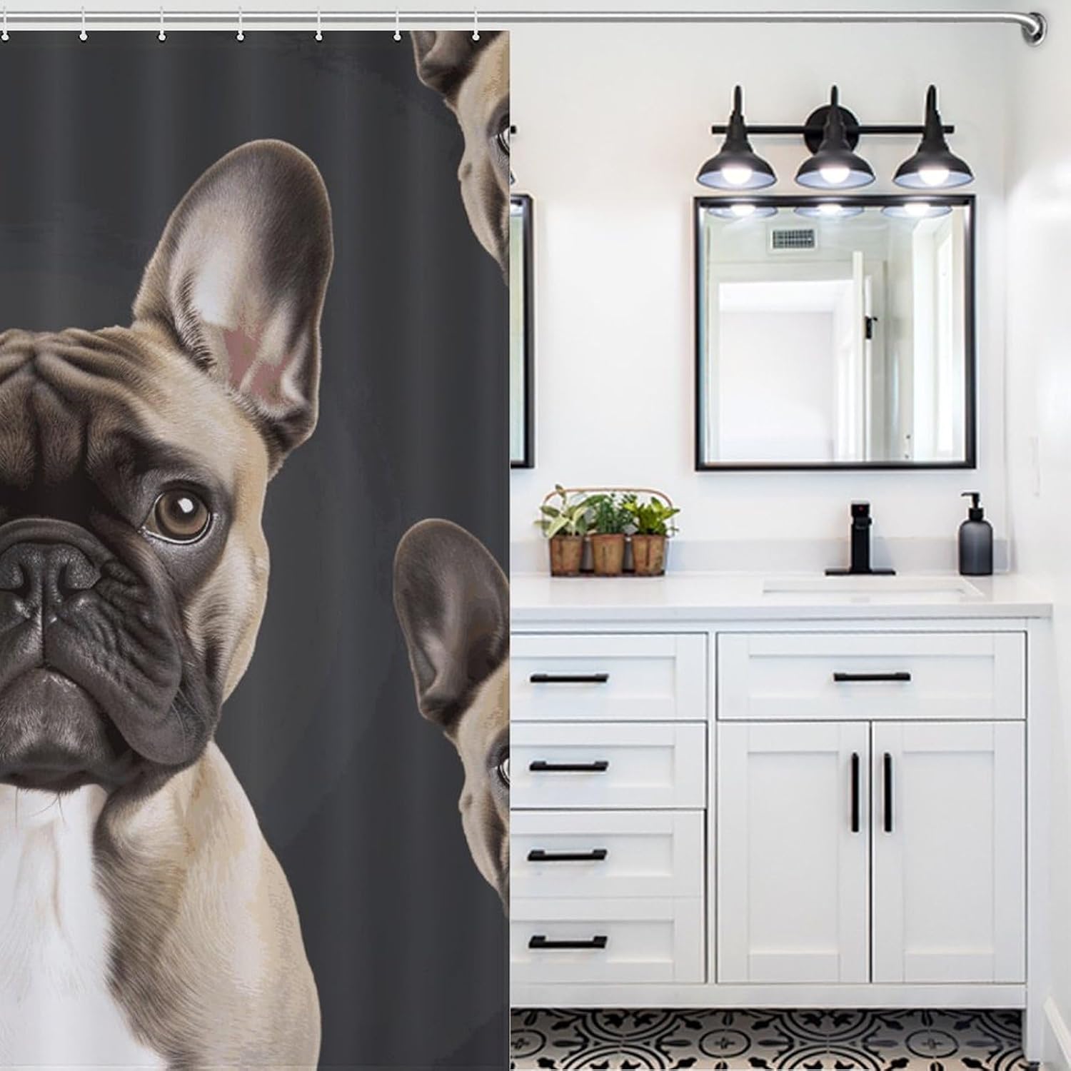 Bathroom Shower Curtain 66x72 Inch Waterproof Fabric Shower Curtains with 12 Hooks French Bulldog Bath Curtain for Bathtubs Bathroom Decor