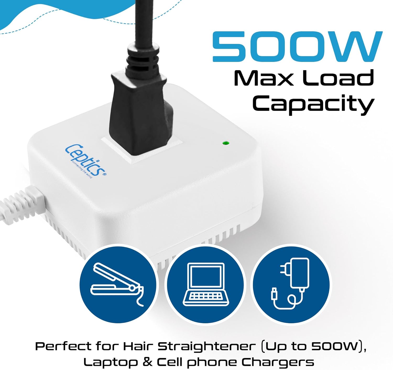Ceptics 500-Watt Voltage Converter - Step Down - 220v to 110v / 240v to 120v Travel Power Converter - for Hair Straightener, Laptops and Chargers, CE Certified