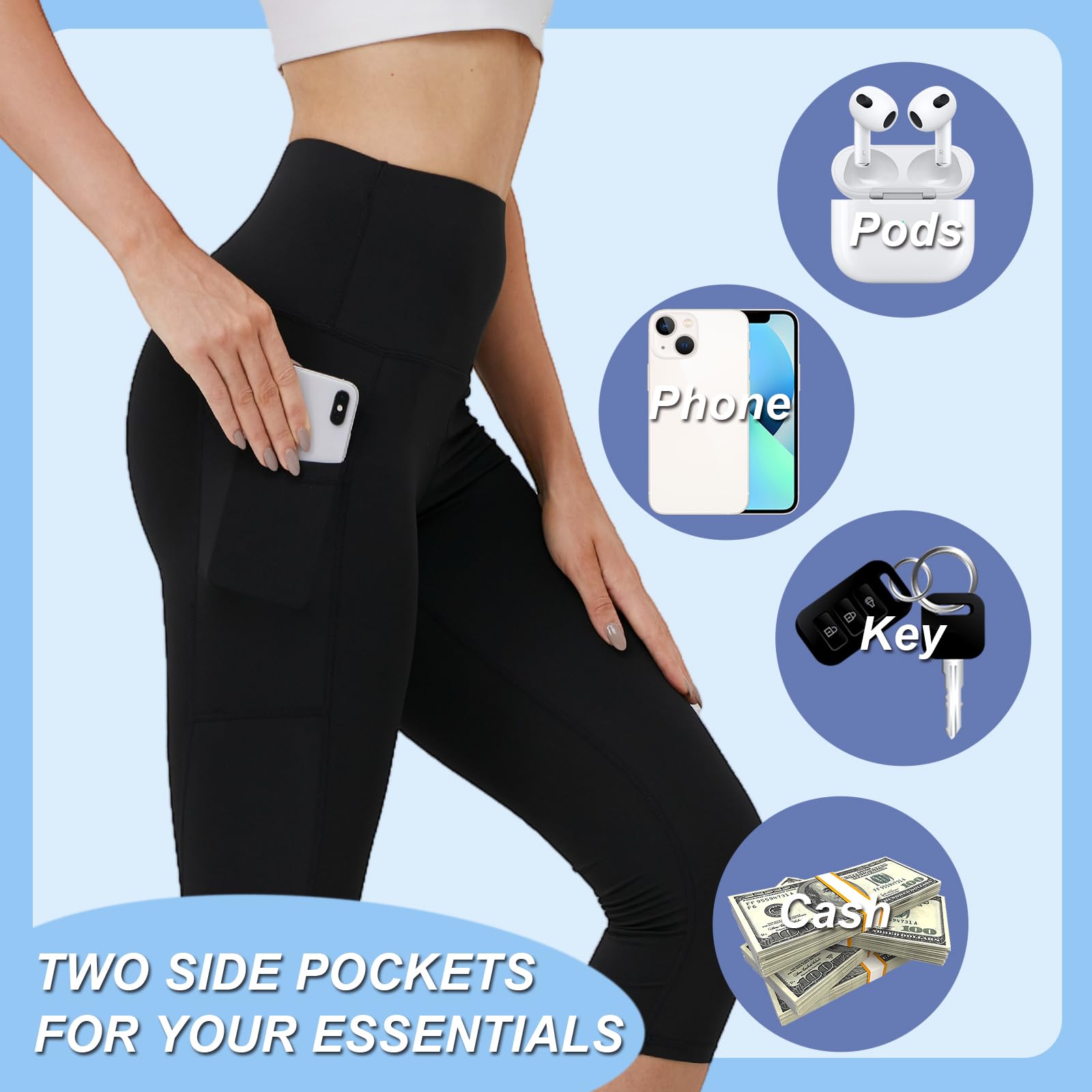 Merlvida Capri Legginsy damskie z wysokim stanem, sportowe legginsy z kieszeniami, nieprzejrzyste, krótkie, sportowe, elastyczne, czarne, spodnie 7/8, na lato, do jogi, siłowni, fitnessu