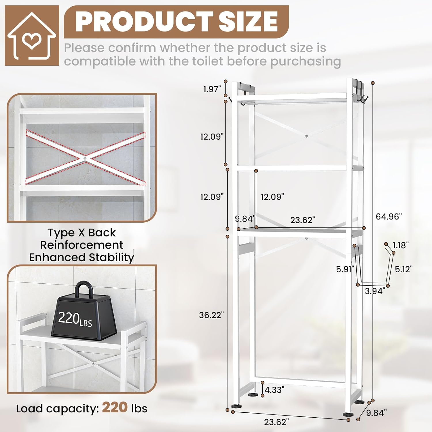 ZZL Over The Toilet Storage,3-Tier,Bathroom Toilet Organizer,Multifunctional Space Saver Freestanding Bathroom Shelves with 4 Hooks,White