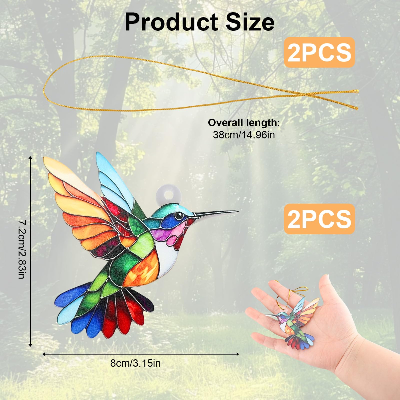 Kolibri-Weihnachtsbaumschmuck, künstliches Buntglas-Acryl-Dekor, zum Aufhängen für Baum, Fenster, Garten, Auto, Kolibri, Geschenke für Frauen, Vogelliebhaber, Urlaubsandenken, 2 Stück
