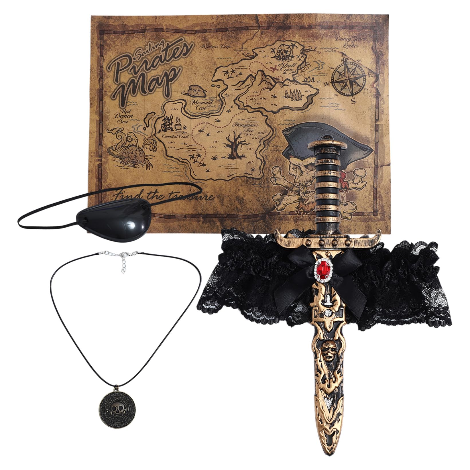JanJean 2 PCS Pirate Swords with Lace Bow, Pirate Dagger Sword Toy with Holster Thigh Garter for Women 4Pcs One Size