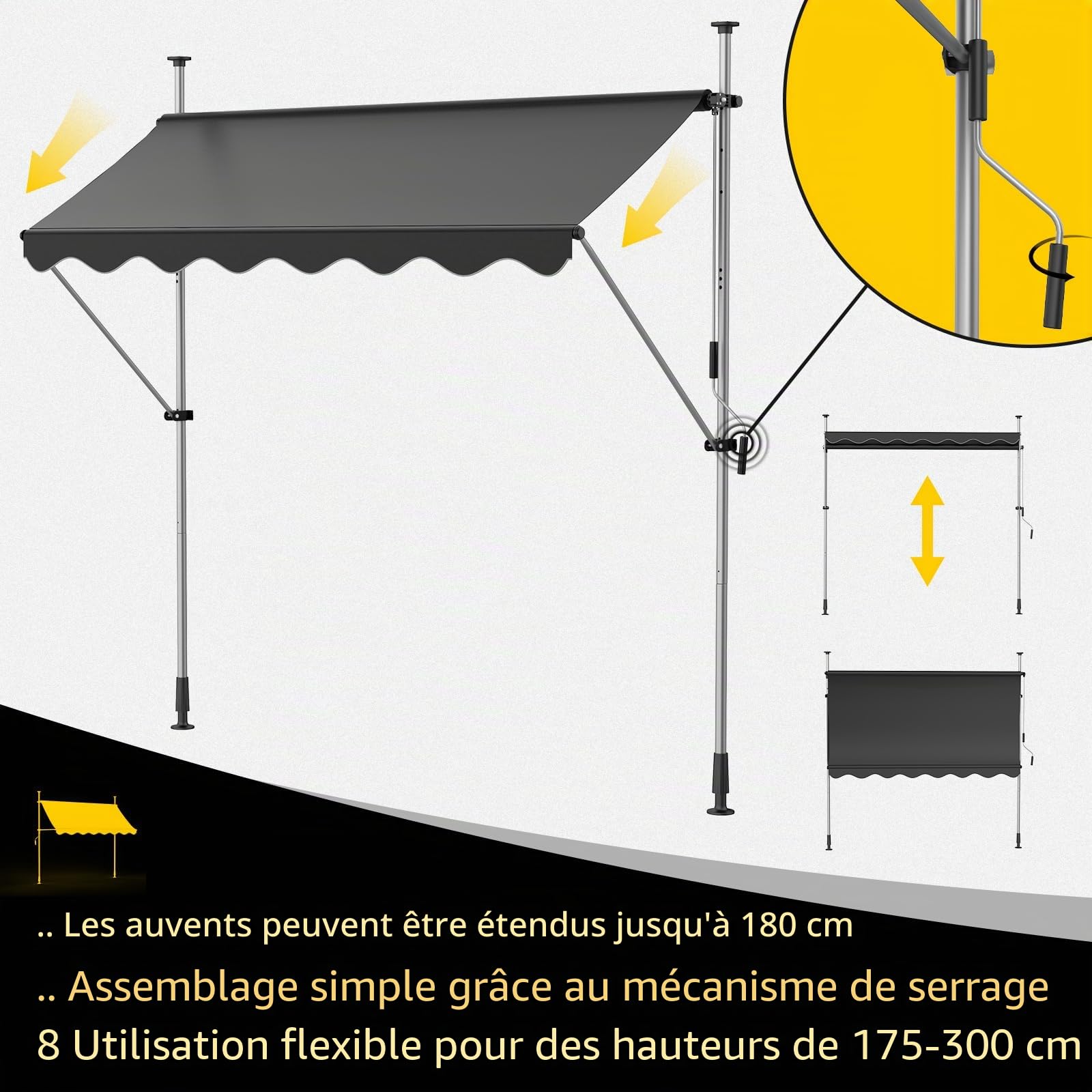 Store Balcon Store Banne Manuel Store Exterieur sans Percage, Résistant aux UV, Réglable en Hauteur, Hydrofuge, protège du Soleil, Toit de terrasse (250x120cm, Anthracite)