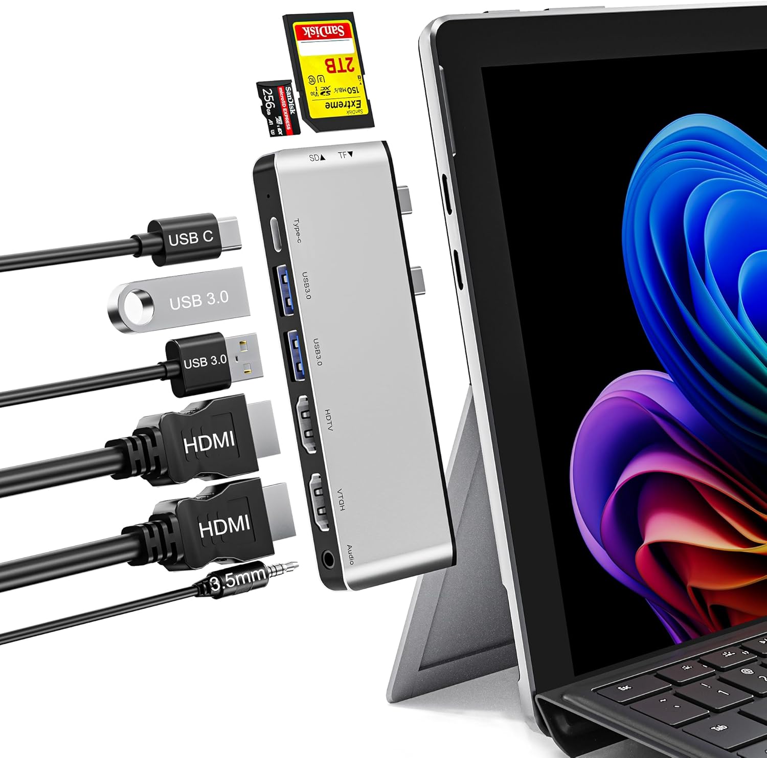 Surface Pro 9/10/11 Docking Station - 8-in-1 Triple Display Surface Pro 9/10/11 Accessories Adapter with Dual HDMI 4K, 1x USB C (100W, 40Gbps), 2x USB 3.0, SD/Micro SD Card Reader and 3.5mm Audio Jack