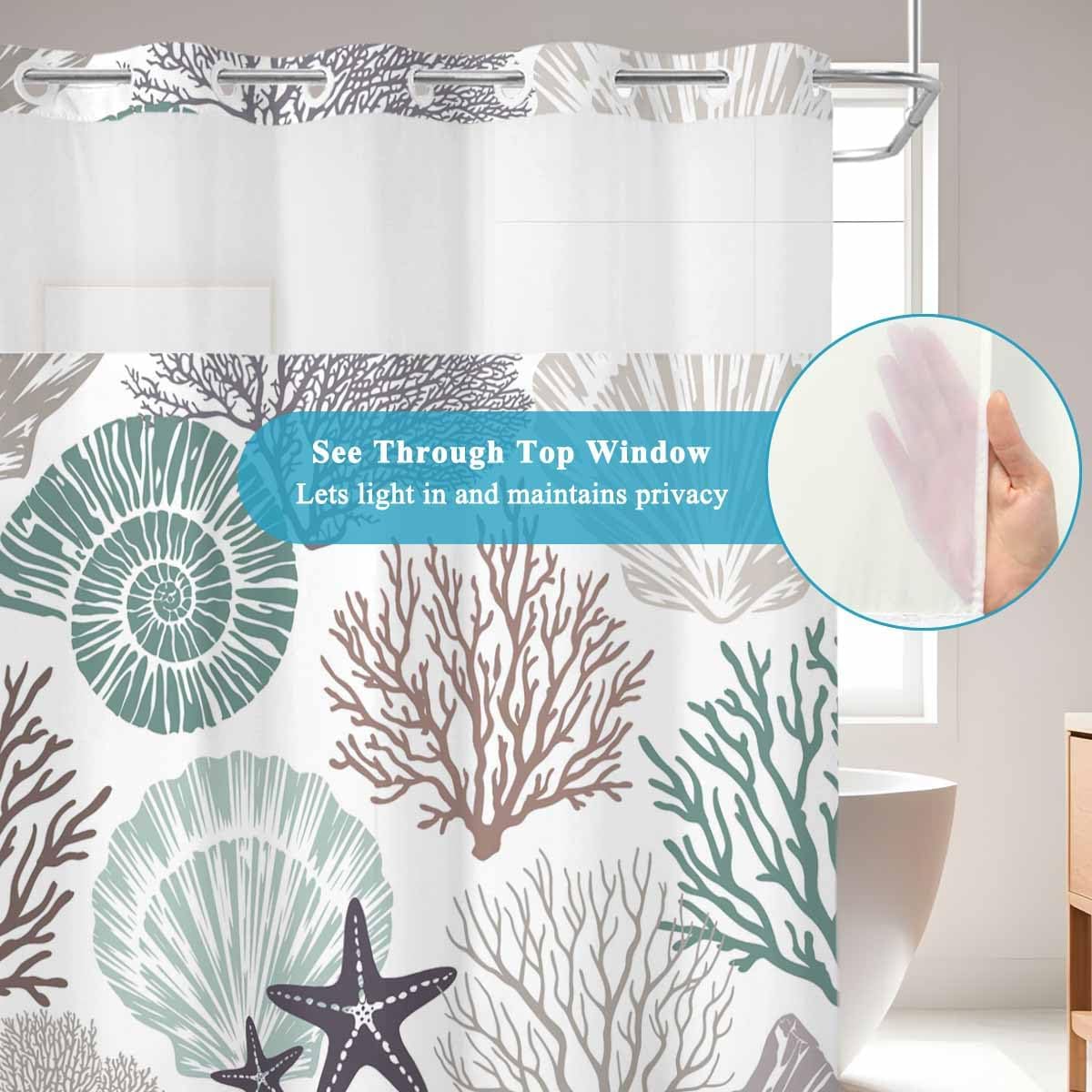 No Hook Cloth Fabric Shower Curtain with Snap in Liner, Ocean Coral Waterproof Shower Curtains Set with See Through Top Window, Shells Starfish Geometric Abstract Texture Bath Curtains Shower 72"x72"