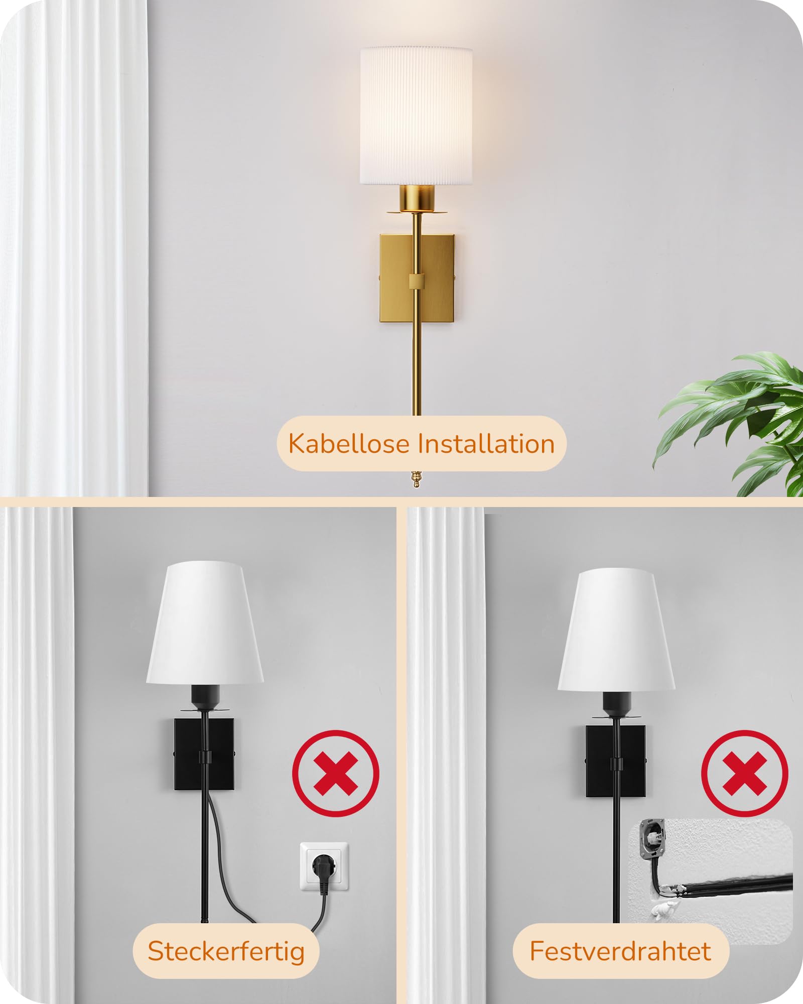 EDISHINE 2er Set Akku Wandleuchte Innen, RGBW LED dimmbar, Weiß & Bronze | E27 inkl. LED, kabellos, USB-C aufladbar, Fernbedienung, 12 Farben, 2 Modi, 3 Farbtemperaturen