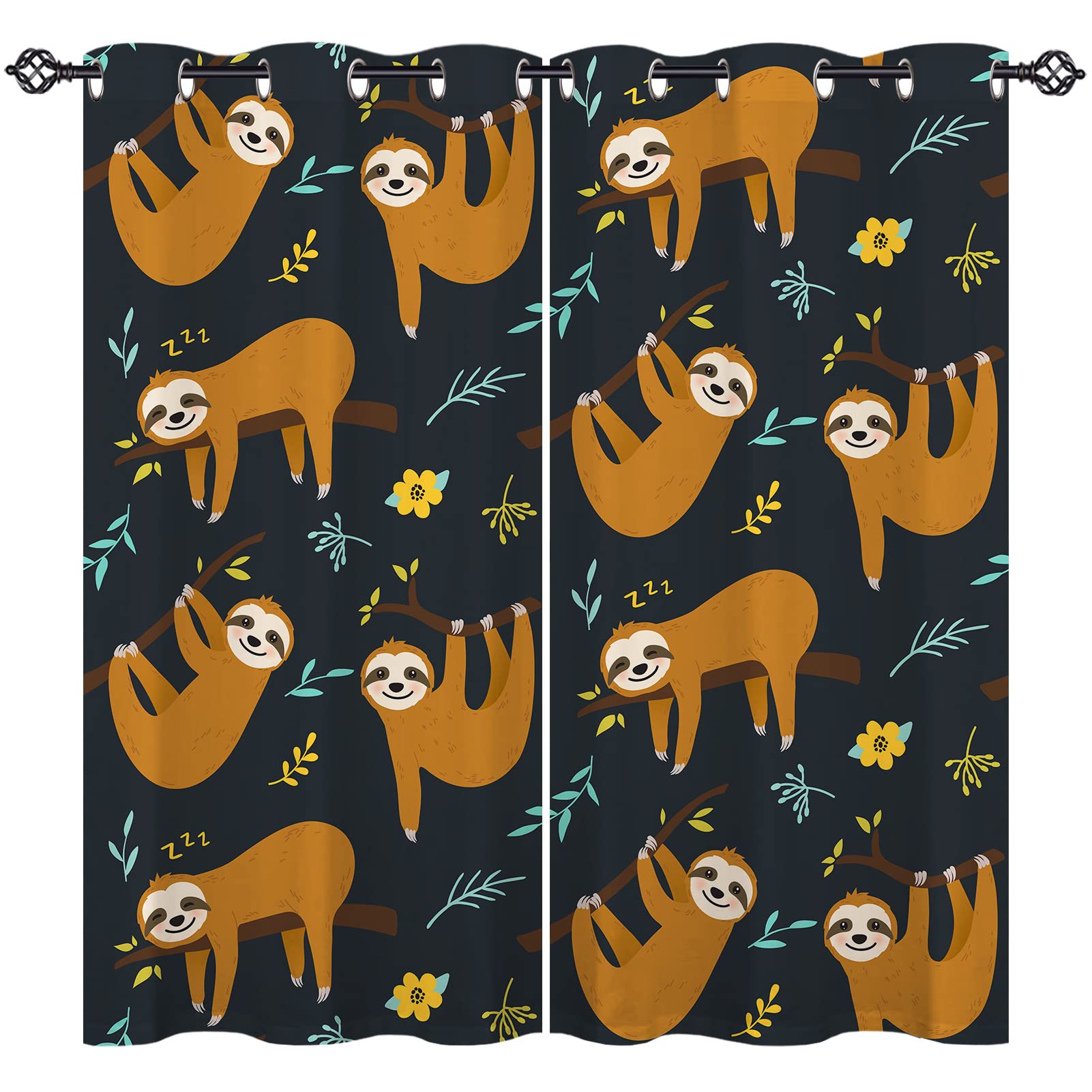 ANHOPE Sloth Curtains Eyelet 80% Blackout Room Darkening Curtains Cute Jungle Animal Sloth Print Pattern Thermal Window Drapes for Kids Boys Girls Bedroom Living Room 46 x 54 Inch Drop 2 Panels
