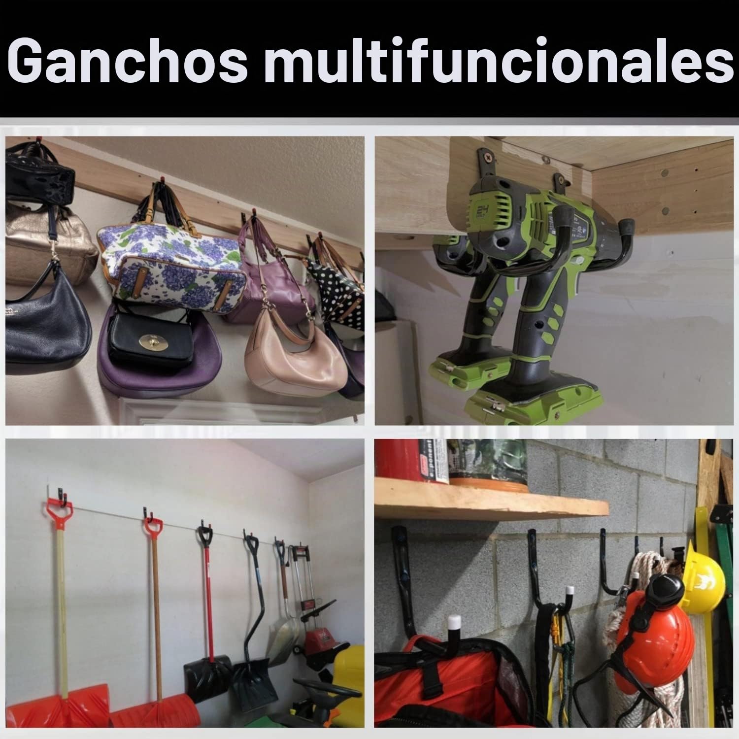 Ganchos de garaje, paquete de 6 ganchos de almacenamiento resistentes, ganchos de herramientas de jardín de 10,5 cm, ganchos de fijación para montaje en pared