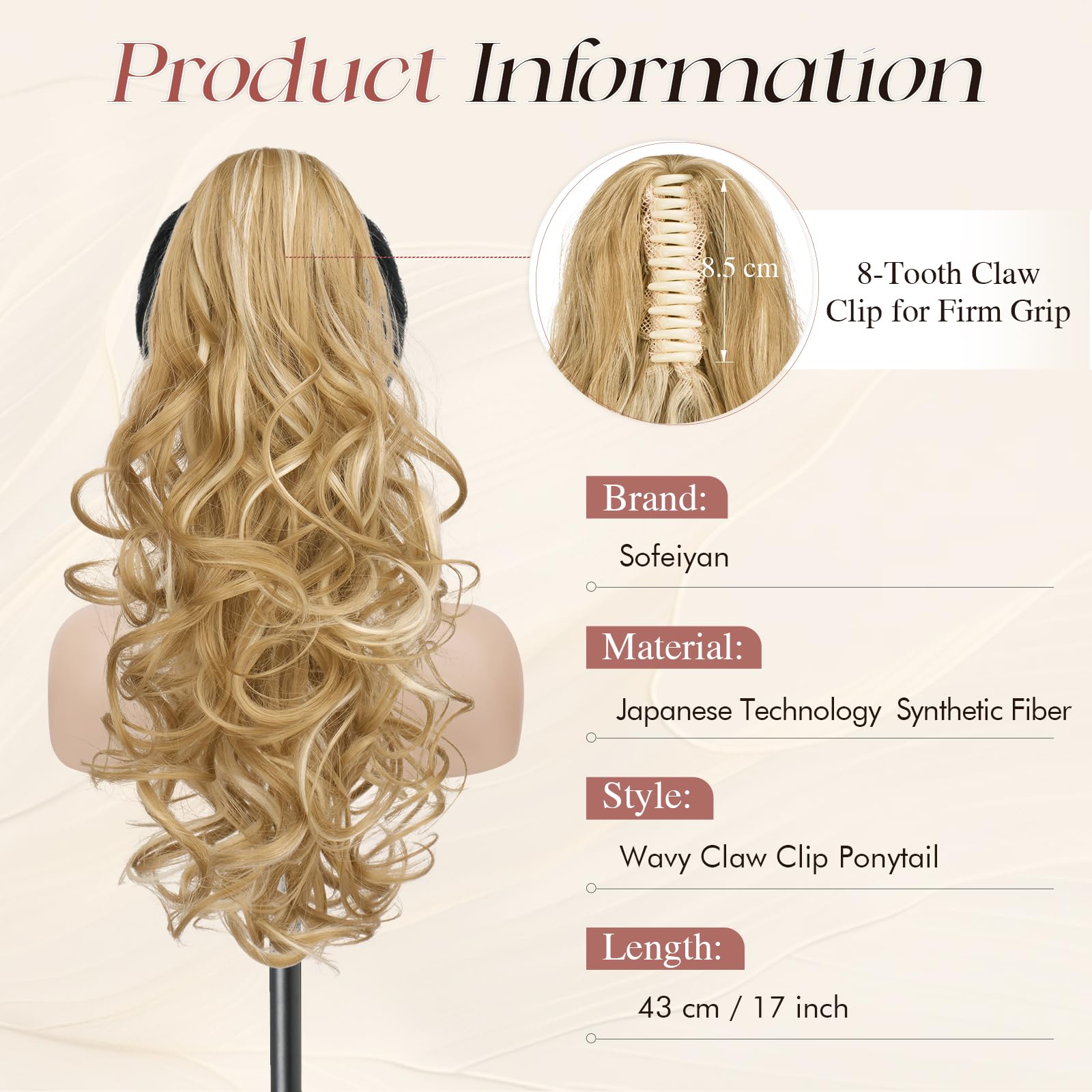 Sofeiyan Coda Cavallo con Pinza 43cm Ricci Ondulati Naturali Capelli Sintetici Posticci Extension Coda di Cavallo per Donna, Biondo Medio con Meches Bionde