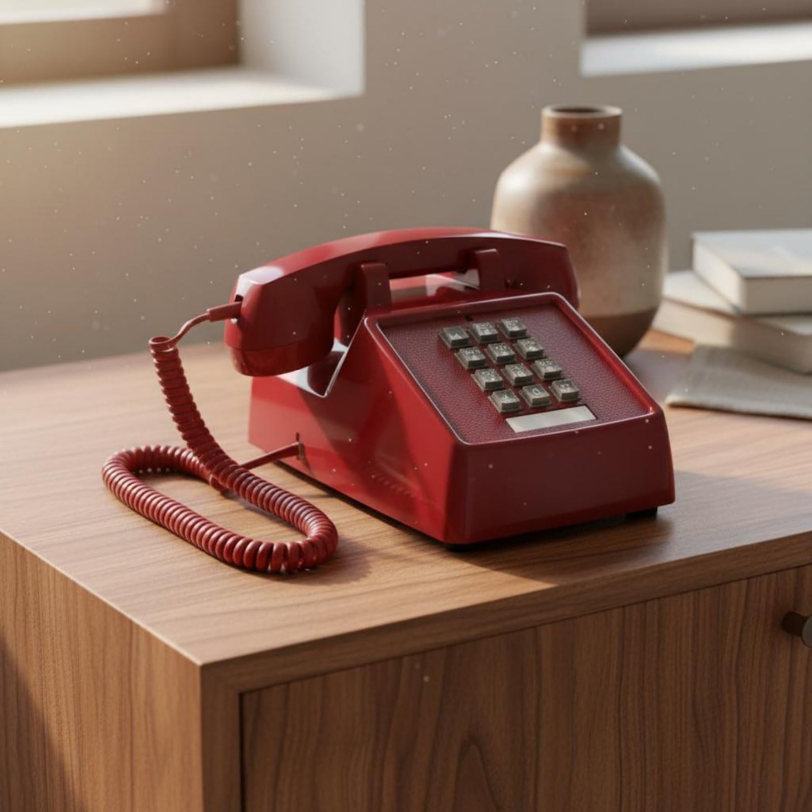 Teléfono Retro de Botones con Apariencia Clásica Teléfono Fijo con Auricular con Cable Campana Mecánica y Uso Confortable Plástico y Metal Adecuado para Hogar Estudio Oficina, Rojo Azufaifo