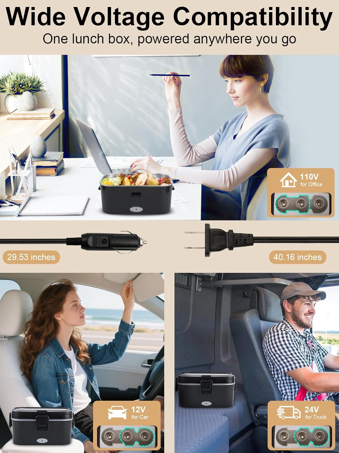 1.8L+0.5L Heated Lunch Box for Men, 80W Electric Lunch Box with Long-handled Utensils for Adults, 12V/24V/110V Lonchera Eléctrica Portátil, Portable Food Warmer for Car/Truck/Office (Black) - Image 4