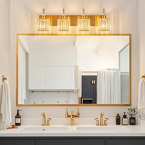 Miniatura 3 de Luces de tocador de cristal doradas con 4 luces de baño, lámparas sobre espejo, lámpara de tocador moderna para baño