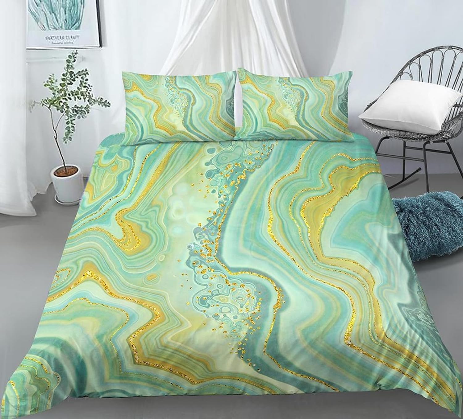 Parure de lit 200x200 cm avec housse de couette marbre 3D et taies en polyester