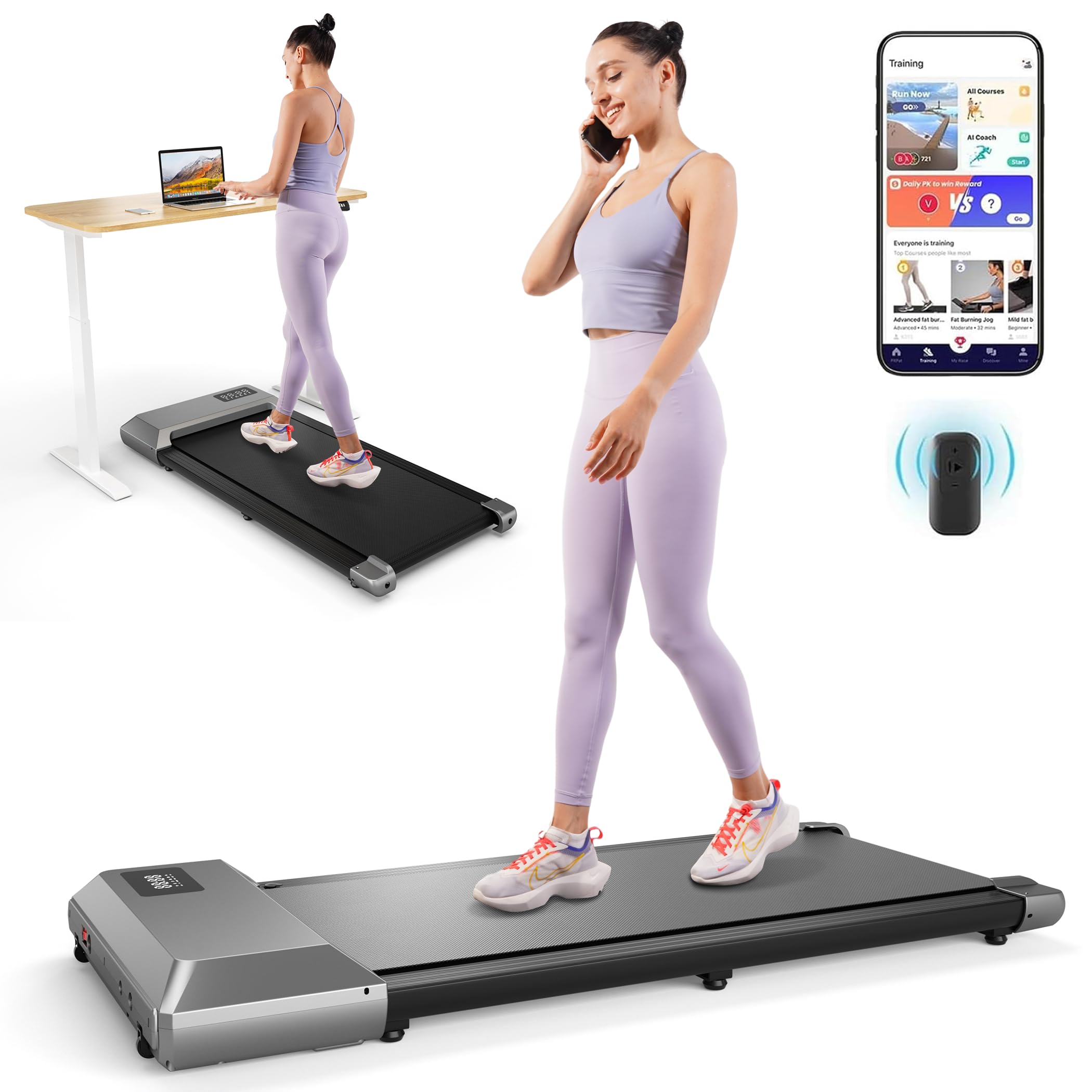 DeerRunWalking Pad 2 in 1 Under Desk Treadmill, 2.2HP Low Noise Walking Pad Running Jogging Machine with Remote Control for Home Office, Lightweight Portable Desk Treadmill Installation Free