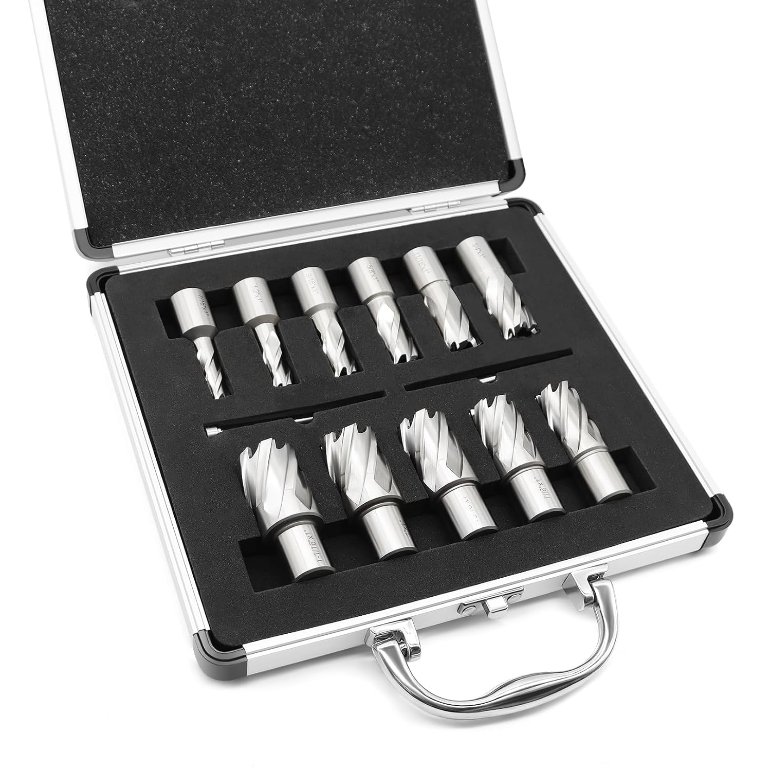 Nakkaa Annular Cutter Set 11 Pcs Shank Mag Drill Bits Cutting Depth, 2" Cutting Diameter 7/16" to 1-1/16" Inch Made with Super Tough M2AL High Speed Steel (HSS) Compatible with High Hardness Materials