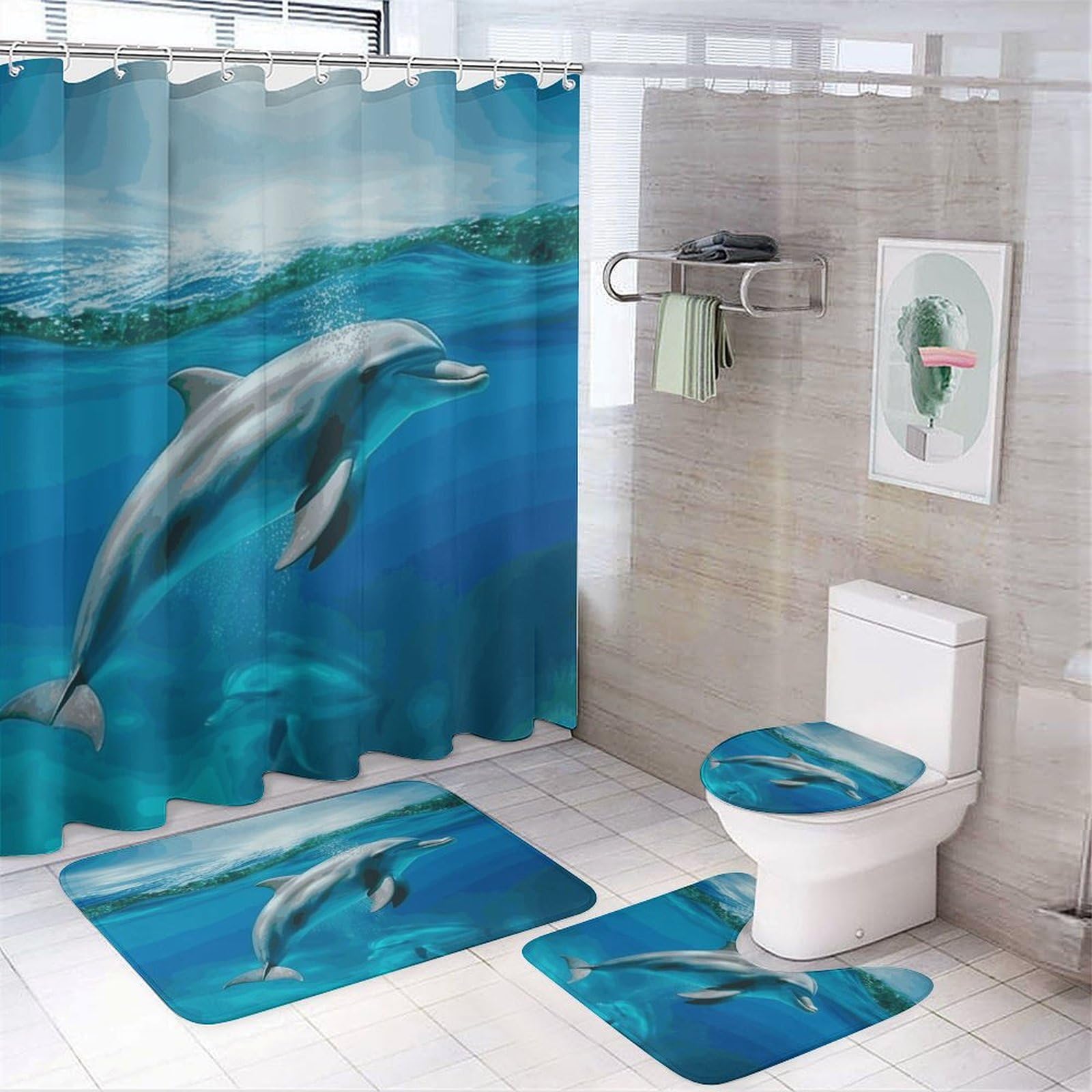 Rideau de douche dauphin et ensemble de tapis de bain bleu