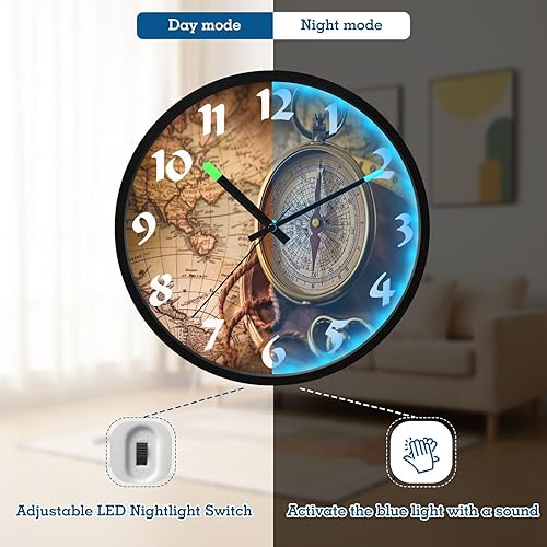 Miniatura 4 de STAYTOP Retro Compass LED Wall Clock for Bedroom Night Glow,12 Inch Silent Light Up Wall Clocks for Living Room Decor, Sound Control Modern Wall