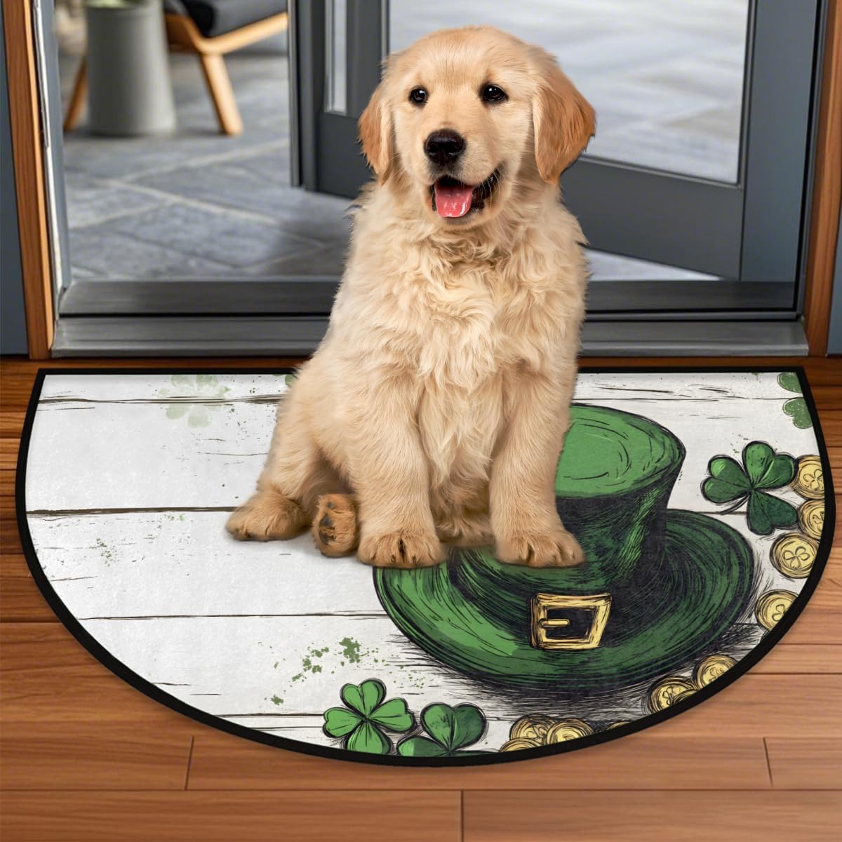Front Door Mat Indoor Outdoor Entrance, St. Patrick's Day Wood Hat Half Round Door Mat Absorbent Non-Slip Backing Welcome Doormat Patio Entryway Low Profile Floor Mats for Kitchen Fireplace 36" x 24"