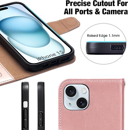 Miniatura 165 de Arae Compatible with iPhone 15 Case with Card Holder and Wrist Strap Wallet Flip Cover for iPhone 15 6.1 inch,Wine Red