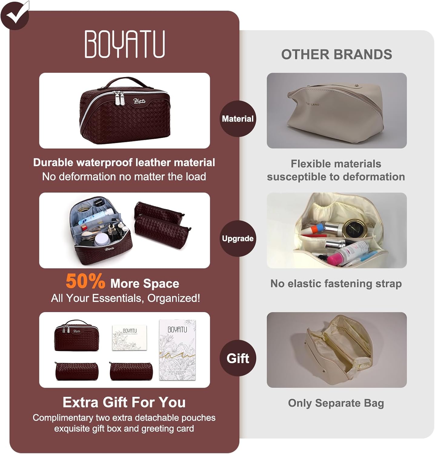 BOYATU Travel Makeup Bag Cosmetic Bags for Women: Large Capacity 3 Pcs Set Make up Bag with Compartments - Waterproof Vegan Leather Toiletry Organizer Bags with Handle (L14 Wine red) - Image 4