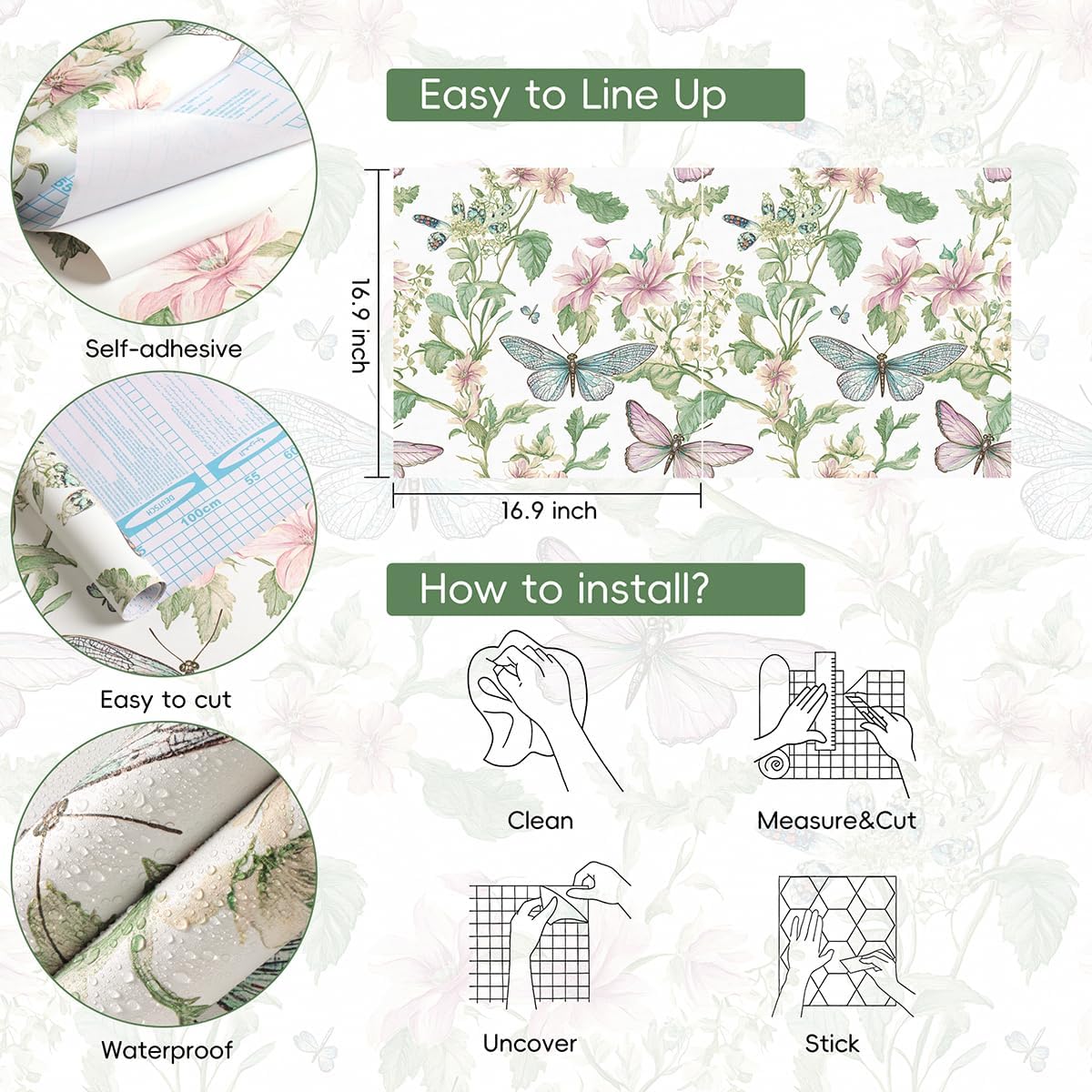 Jeweluck Floral Peel and Stick Wallpaper Butterfly Floral Contact Paper 16.9”x118.1” Vintage Flower Wallpaper Peel and Stick Leaf Removable Self Adhesive Wall Paper for Bathroom Decorative Vinyl