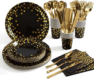 HOMIX Black and Gold Party Supplies 175 Pieces Disposable Black Paper Plates Napkins Cups, Gold Plastic Forks Knives Spoons for Graduation, Birthday, Cocktail Party Serves 25