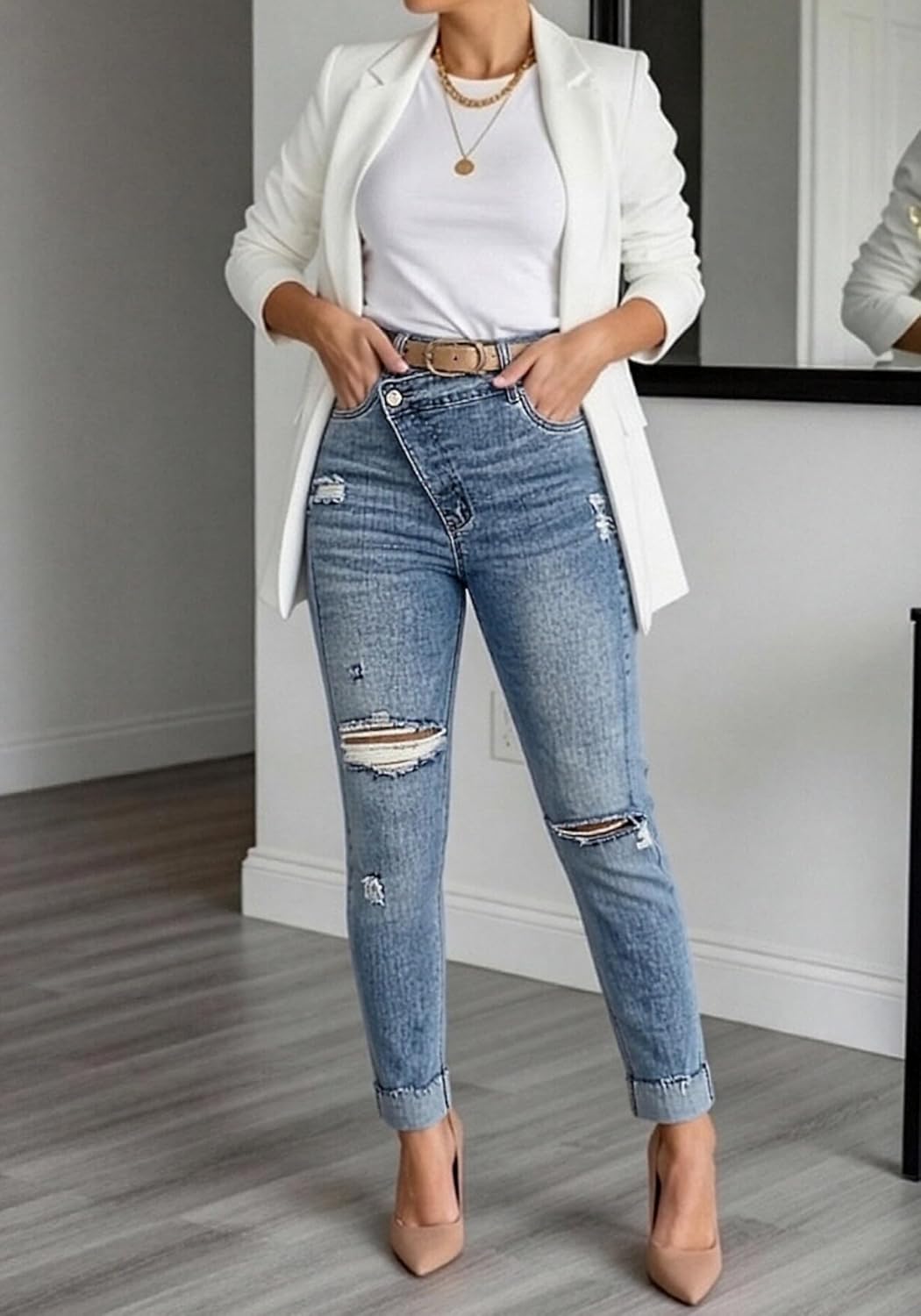 Vaceky Women Cuffed Ripped Jeans Y2K Distressed Ripped Skinny Stretchy Denim Pant - Image 5