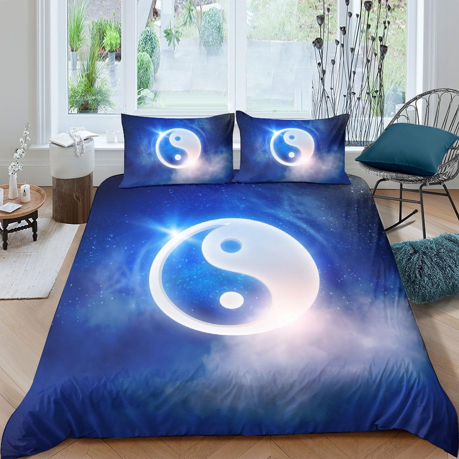 Ctjqhvkz Style-4 3D Printed Blue Yin Yang Fitted Sheet Microfiber Soft Bed Cover Cosmic Balance Bedroom Decor Mattress Protection Single（135X200cm）