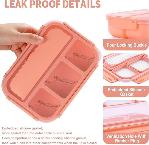 Vista 38 de Lonchera Bento para adultos, recipientes para niños y niñas con 4 compartimentos, contenedor de alimentos con utensilios, tarro de salsa, forros