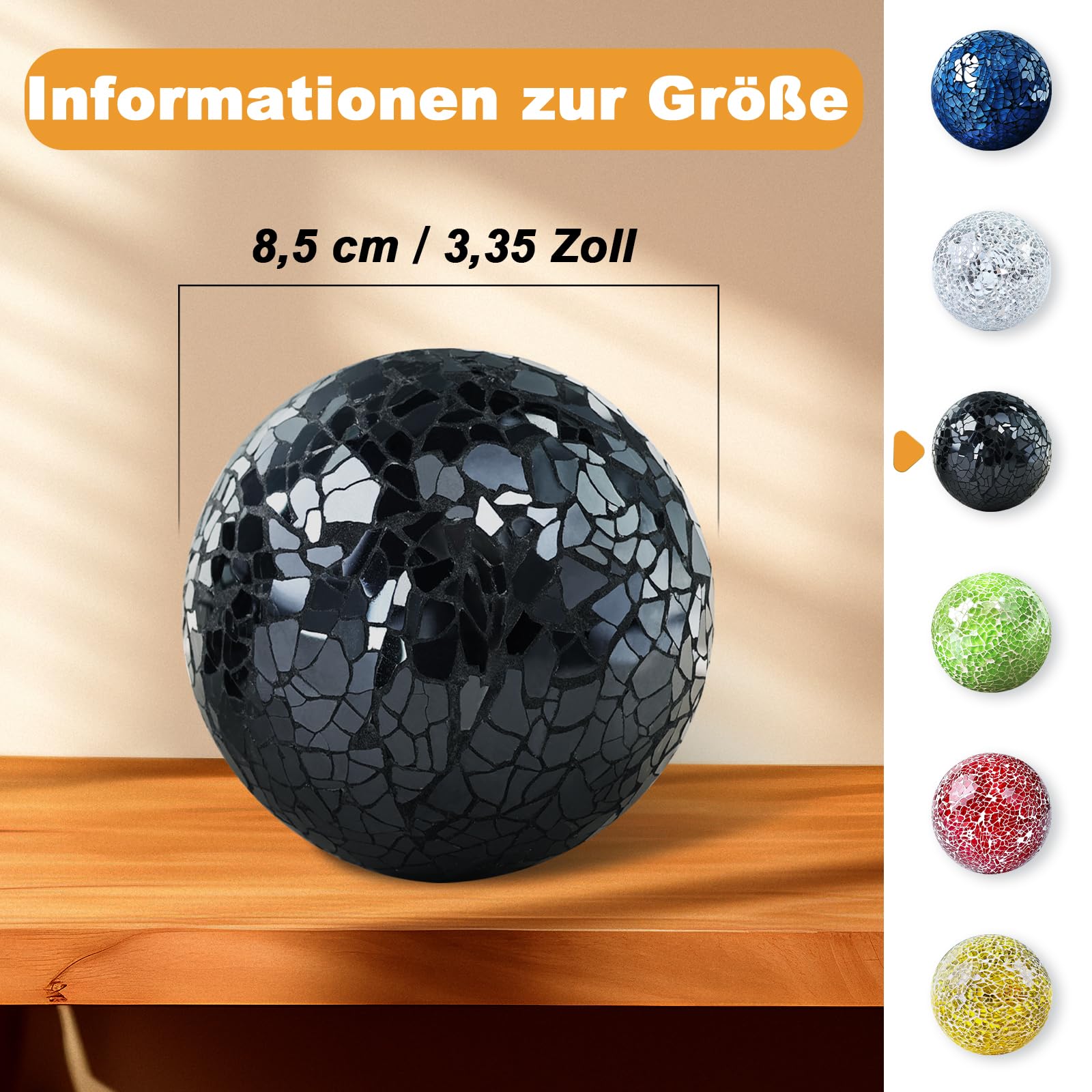 8,5cm Dekorative Glaskugeln für Schüssels Schwarz Mosaikkugeln Glas Knistern Solide Kugel Runde Sphäre Kaffeetisch Tafelaufsätze Vasen Füller Heim Weihnachten 3 Stück