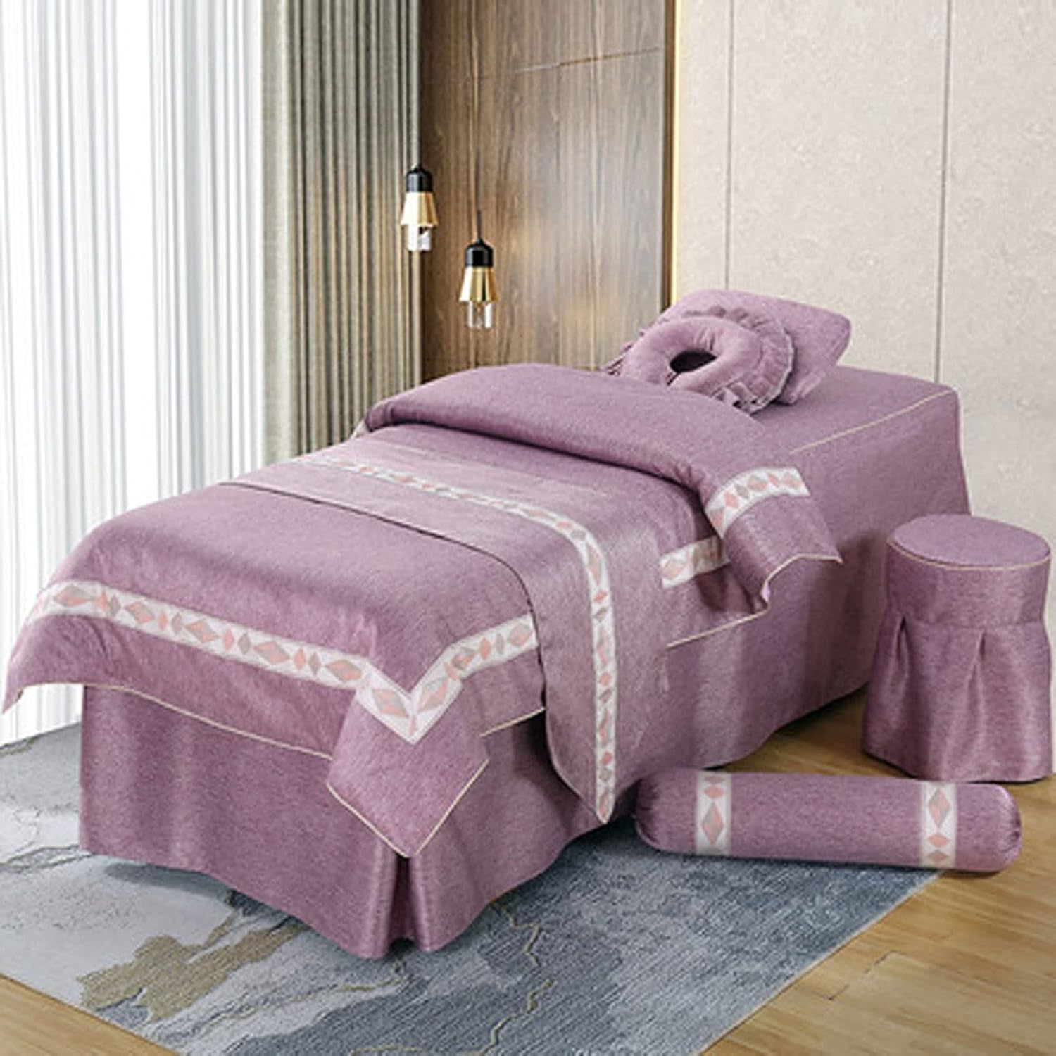 European Style 4-Piece Cotton and Linen Bed Cover Simple Physiotherapy Massage Fumigation Bed Cover Massage Bed Cover (Purple 80 x 190 cm)