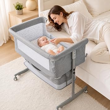 Baby Bedside Bassinet, 3-in-1 Bedside Sleeper and Rocking Crib, Grey