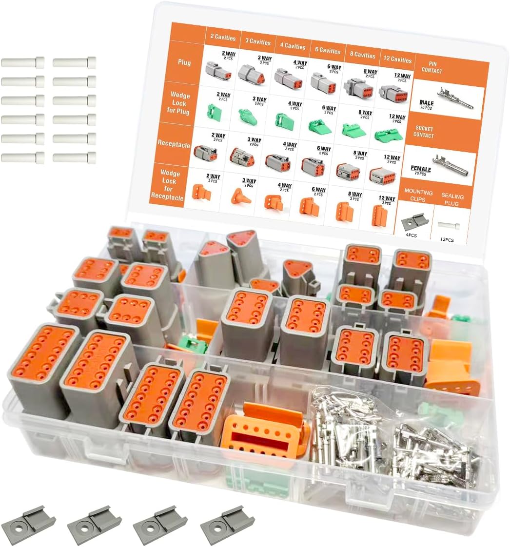 204PCS Deutsch Connector Kit, DT 2 3 4 6 8 12 Pin Connectors, IP67 Waterproof Electrical Connectors Plug with 70 Pairs Size 16 Stamped Contacts for Car Truck Boat Motor
