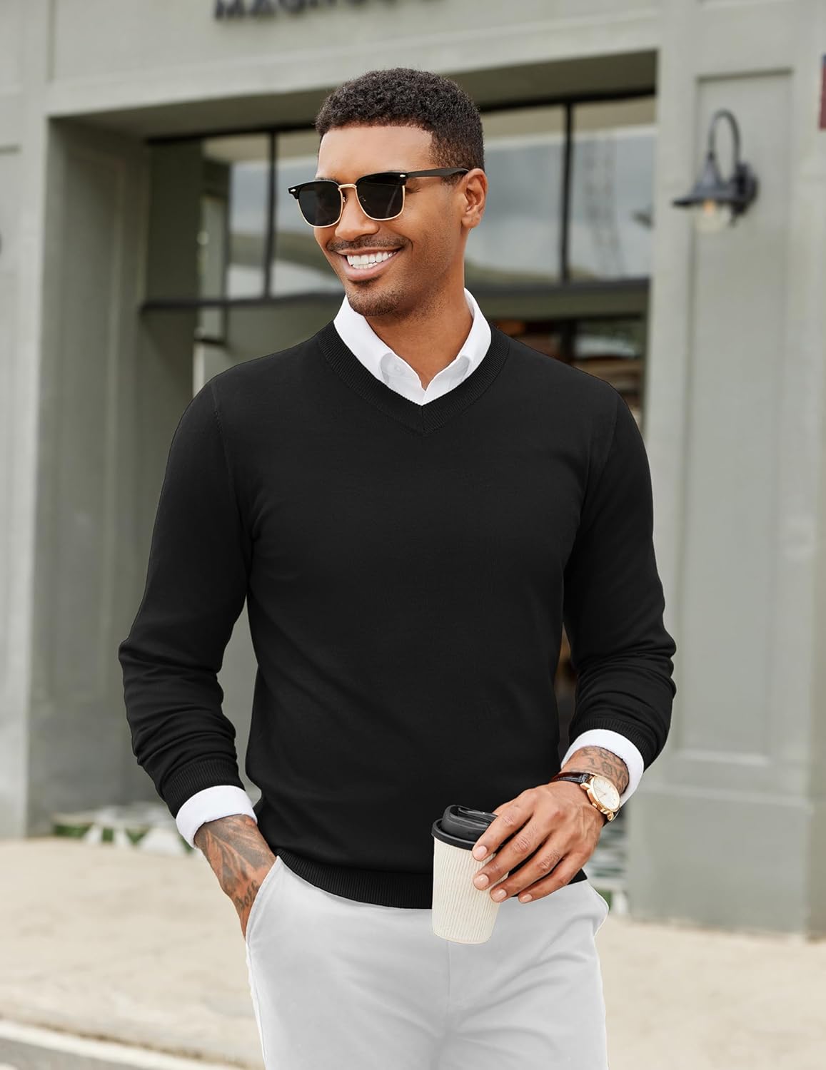 COOFANDY Men Casual V Neck Sweater Ribbed Knit Slim Fit Long Sleeve Pullover Top - Image 3
