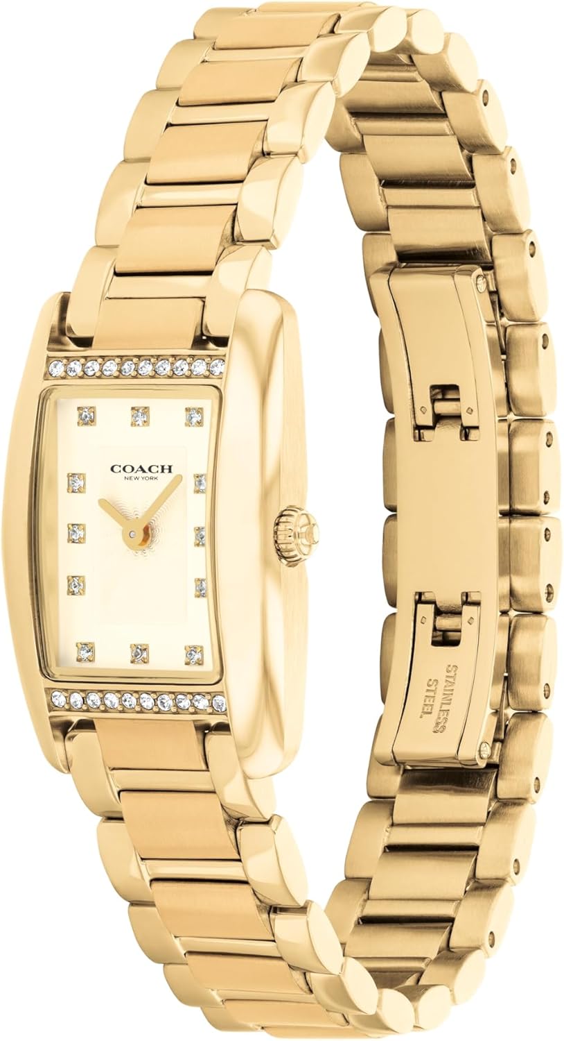 COACH Women's Reese 2H Quartz Watch, Petite Rectangle Case, Stainless Steel Link Bracelet with Crystal Accents, Timeless Minimalism for Every Day - Gift for Her - Image 2