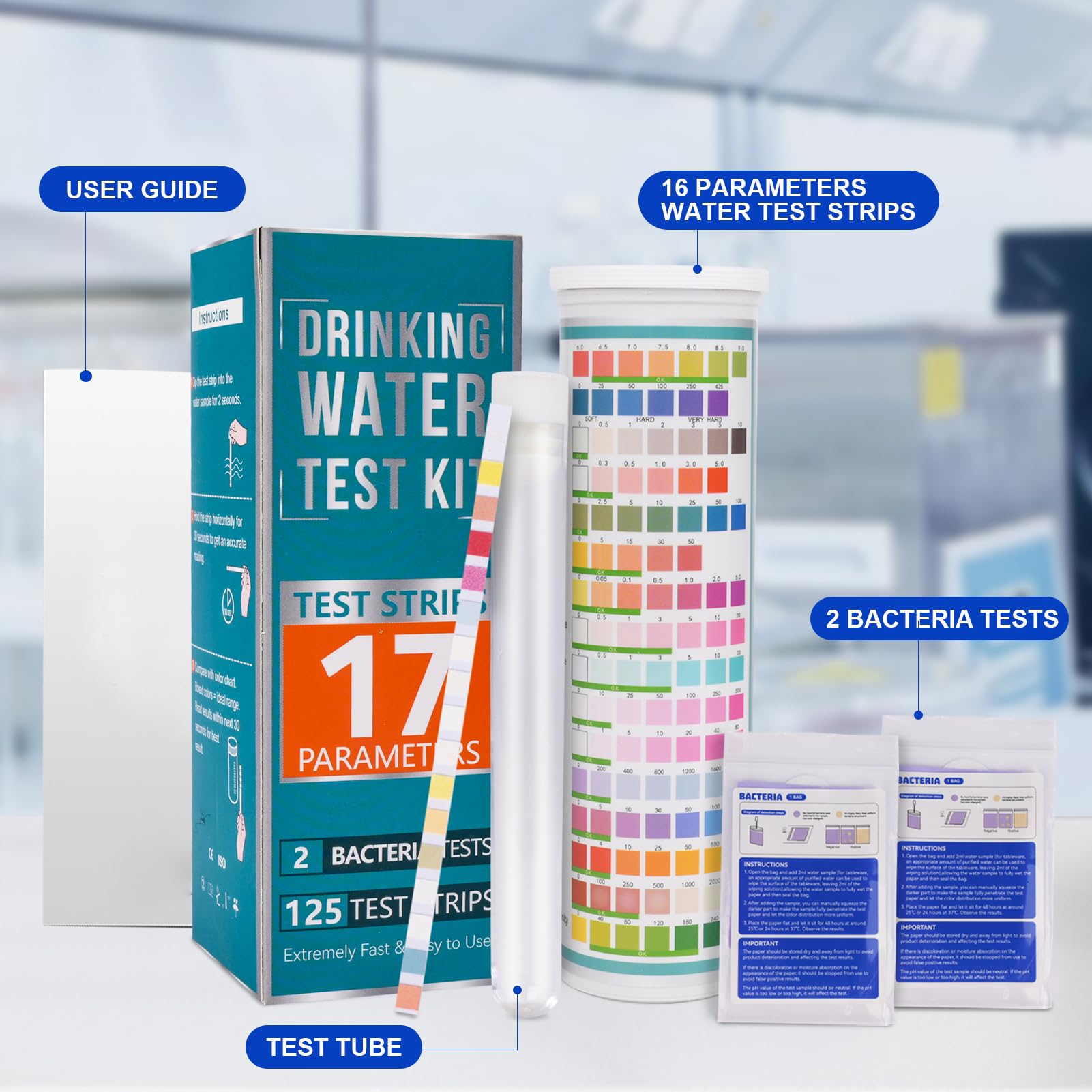 Kompletny zestaw do testowania wody pitnej 17 w 1 (125 pasków + 2 testy na bakterie), kran domowy, taśma do testowania wody miejskiej do ołowiu, alkalicznego, chloru, twardości, żelaza